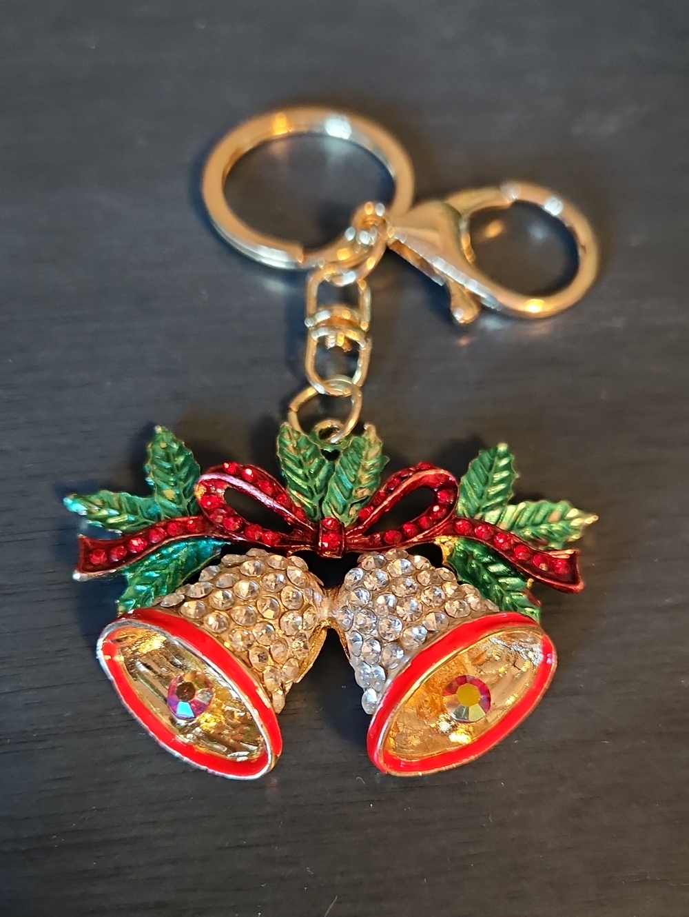 Gold Crystal Bell Holiday Keychain Bag Charm - Red & Green